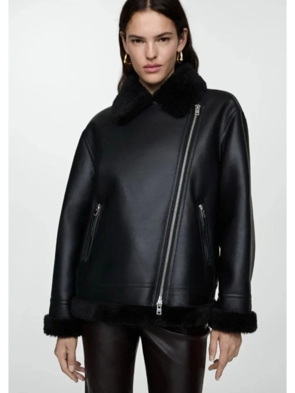 MNG Mango Faux Shearling Moto Jacket M Black Faux Leather Asymmetric Zip Biker - Picture 3 of 14